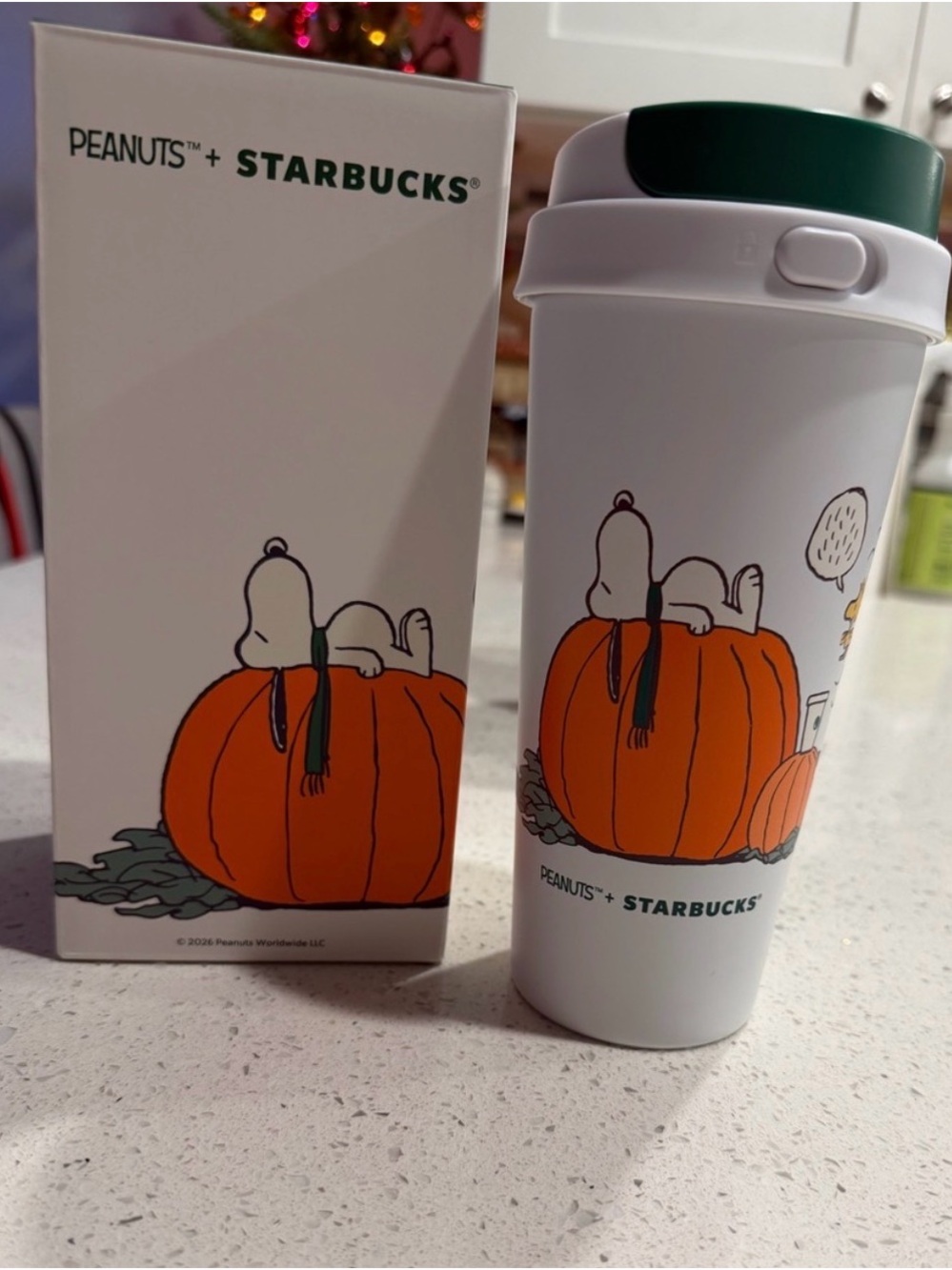 Starbucks Snoopy White Travel Tumbler with Orange Pumpkin and Green Lid